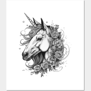 Unicorn floral b/w Posters and Art